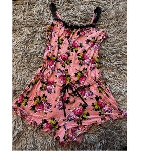 Rare Sold Out Betsey Johnson Floral Pink Romper with Black Accents